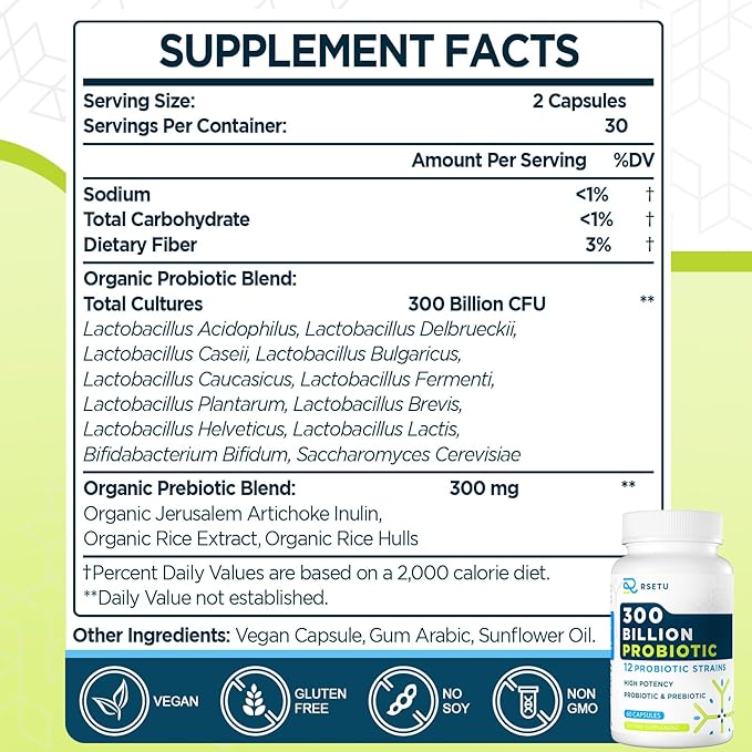 Probiotics for Women Men: 300 Billion CFU Probiotic High Potency + 12 Strains Organic Probiotics with Prebiotics, Daily Probiotic Supplement for Digestive, Gut, Immune and Bloating Health, 60 Capsules-SeraviaPure