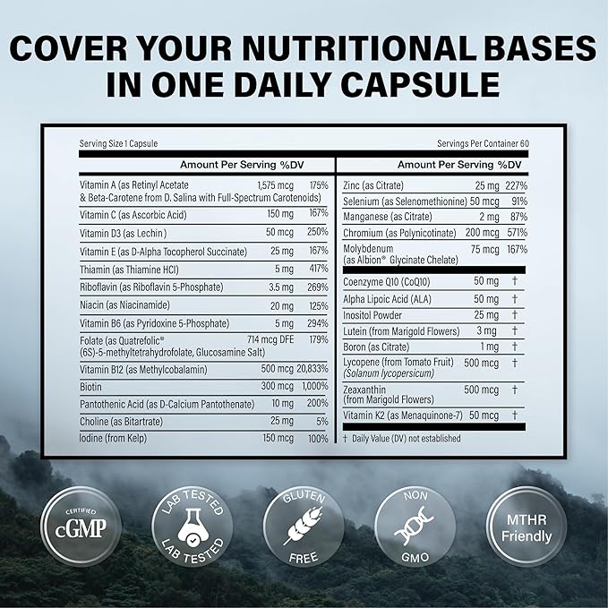 Wild Methylated Multivitamin for Women & Men | Daily Multi Vitamin | MTHFR Supplement Without Iron | Methylated B12, Folate, Vitamin C, A, K2, D, E, Choline, Biotin, ALA, CoQ10 & More (60 Capsules)-SeraviaPure