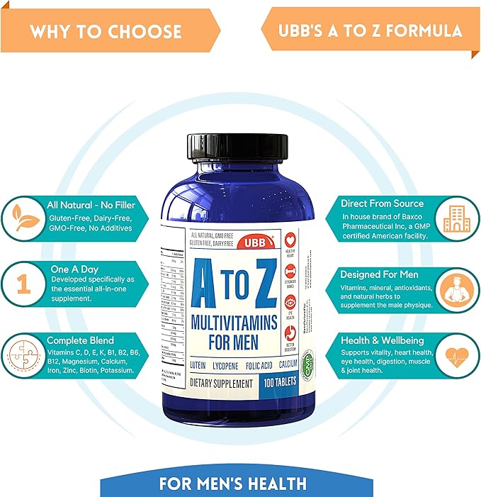 A to Z Multivitamin and Multimineral Supplement for Men - 3 Month Supply - Vitamins A C D E K B1 B2 B6 B12 Magnesium Calcium Biotin Potassium Zinc - Antioxidants for Heart & Immune Health (100 Count)-SeraviaPure