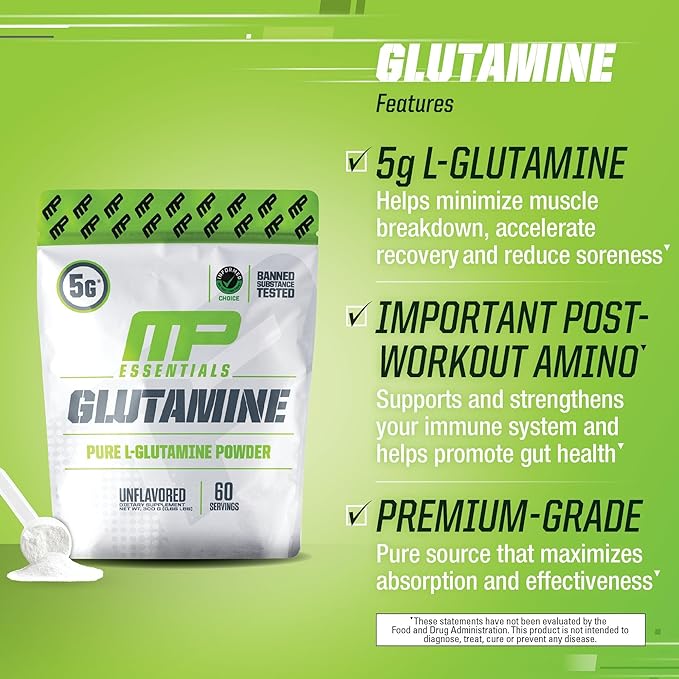 MusclePharm Essentials Glutamine, Pure L-Glutamine Powder Supplement for Post Workout Muscle Recovery, Energy & Gut Health, 5g L Glutamine Powder per Serving, Gluten-Free, Unflavored, 60 Servings-SeraviaPure