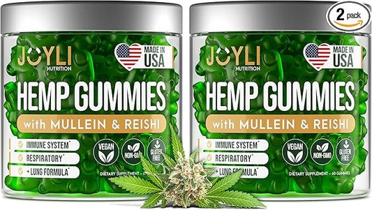2 Pack - JOYLI Hemp Gummies for Lung Cleanse – Sugar-Free Vegan Gummies with Mullein Leaf, Reishi Mushroom, & Multivitamins – Natural Lung Support Supplement – 60 Gummies per Pack-SeraviaPure