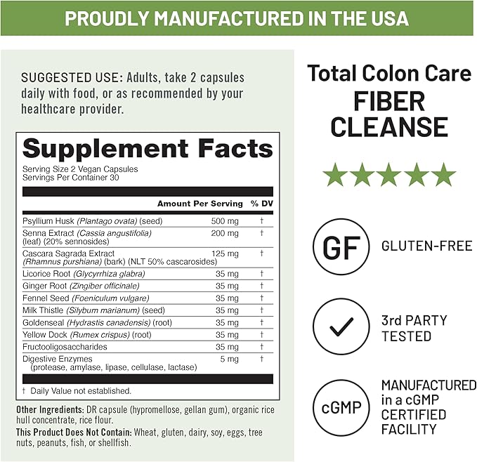 NatureWise Total Colon Care Fiber Cleanse - Natural Laxative Blend - Herbal Laxatives, Prebiotics, & Enzymes for Regularity, Digestion, Weight & Gut Health - Non-GMO - 60 Capsules[30-Day Supply]-SeraviaPure
