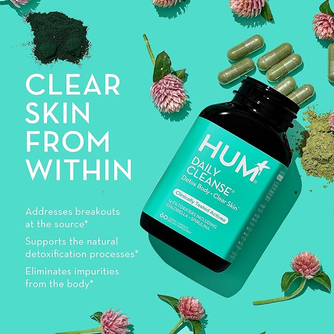 HUM Daily Cleanse Acne Supplement - Gut Cleanse Detox for Clear Skin with Organic Algae, Detoxifying Herbs, Zinc & Spirulina | Clear Skin Supplement (60 Capsules)-SeraviaPure