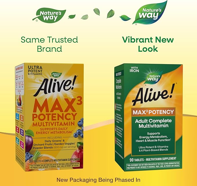 Nature's Way Alive! Max3 Potency Multivitamin, Ultra Potency B-vitamins to Support Energy Metabolism*, with Methylated B12 and Folate, 90 Tablets (Packaging May Vary)-SeraviaPure