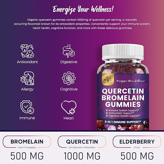 (2 Pack) Quercetin Gummies with Bromelain Zinc Elderberry Vitamin C D3 K2, Quercetin 1000mg Supplement with Bromelain 500mg for Cardiovascular, Immune System & Allergy, Vegan Gummy for Adult & Kid-SeraviaPure