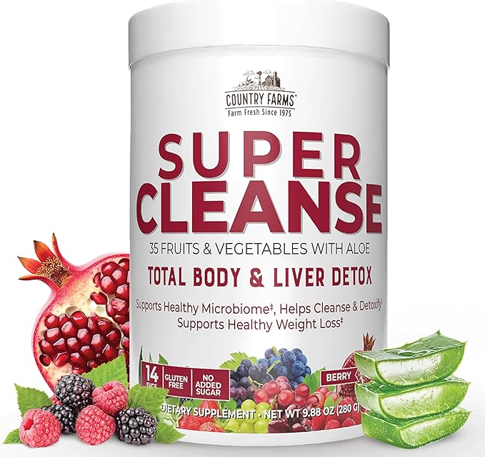 COUNTRY FARMS Super Cleanse, Super Juice Cleanse, Supports Healthy Digestive System, 34 Fruits and Vegetables with Aloe, Promotes Natural Detoxification, Drink Powder, 14 Servings, 9.88 Ounce-SeraviaPure