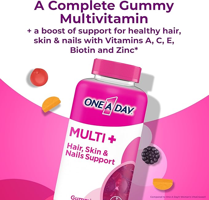 ONE A DAY Multi+ Hair, Skin & Nails, Multivitamin + Boost of Support for Healthy Hair, Skin & Nails with Biotin and Vitamins A, C, E & Zinc ,Gummy 120 Count (2 Month Supply)-SeraviaPure
