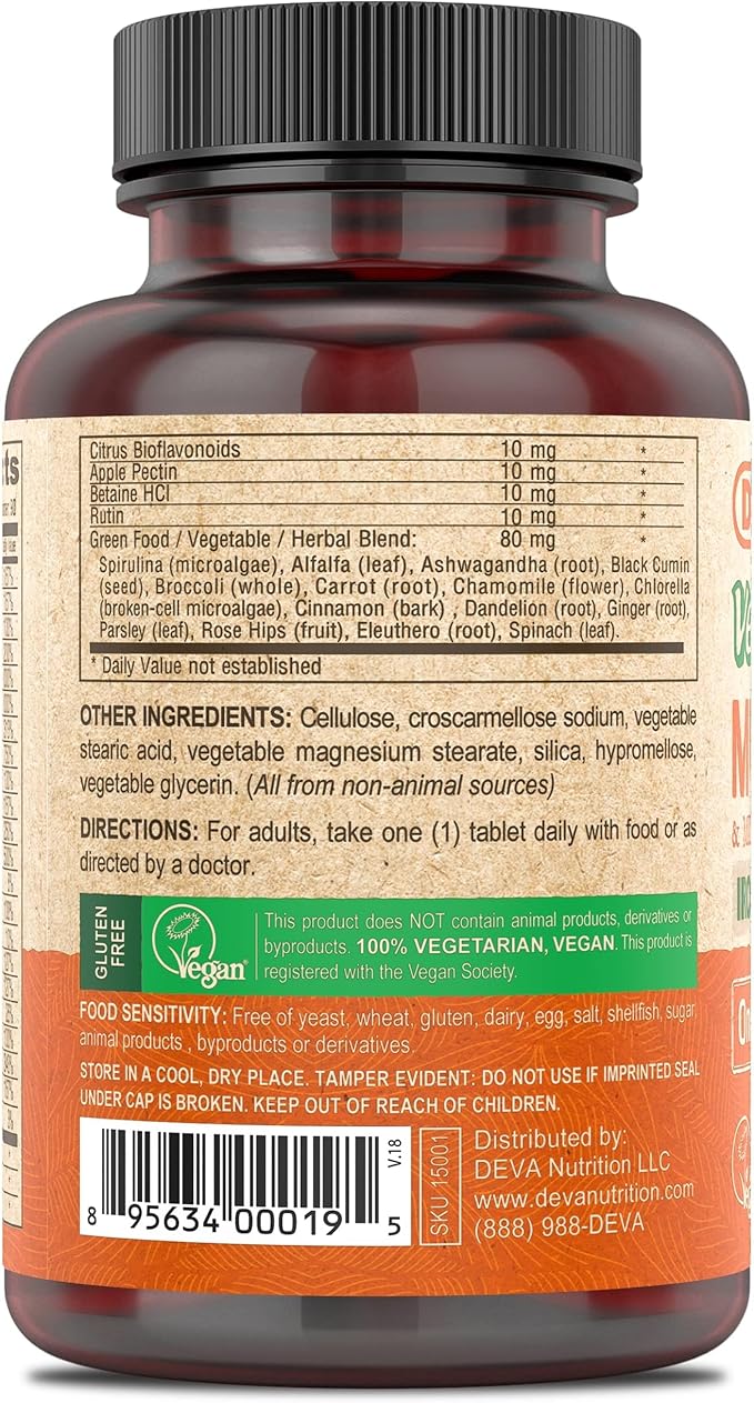 DEVA Vegan Multivitamin and Mineral Supplement - One Daily Vitamin Formula with Greens - Iron Free - 90 Coated Tablets (Pack of 2)-SeraviaPure