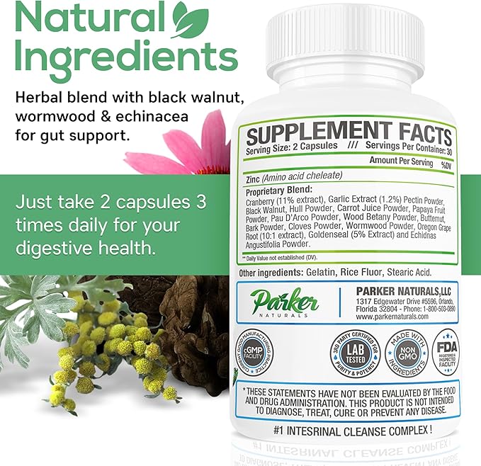 Intestinal Cleanse for Adults – Extra Strength Intestine Cleanse and Detox Supplements with Black Walnut Hull, Wormwood, and Echinacea – 60 Capsules