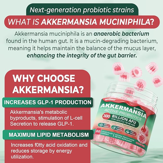 Akkermansia Probiotics Gummies with Prebiotics Fiber, 300 Billion AFU Akkermansia Muciniphila, with Polyphenol Fruits, Resistant Starch, Vitamin A D3 B2 for Metabolism, Digestive & Gut Health, 1Pack-SeraviaPure
