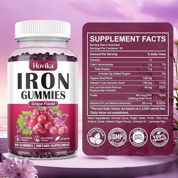 (2 Pack) Iron Gummies Supplement for Women & Men, Iron Supplements for Anemia with Vitamin C, B12, Folate-Blood Builder & Energy Support for Iron Deficiency - Grape Flavor, Vegan, 120 Gummies-SeraviaPure