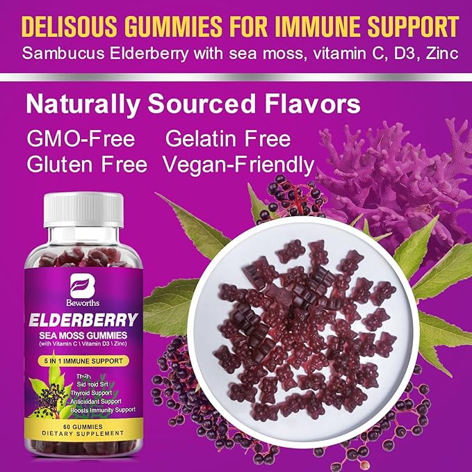 (2 Pack Elderberry Gummies & Irish Sea Moss, Organic Sambucus Elderberry Gummy with Seamoss, Zinc, Vitamin C, D3, Multivitamin Elderberry Vitamins - Sugar-Free-SeraviaPure