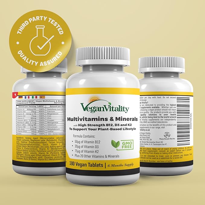 Vegan Multivitamins & Minerals for Women and Men with High Strength Vitamin B12, D3 & K2. 180 Multivitamin Tablets - 6 Months Supply. Vitamins for Vegans & Vegetarians-SeraviaPure