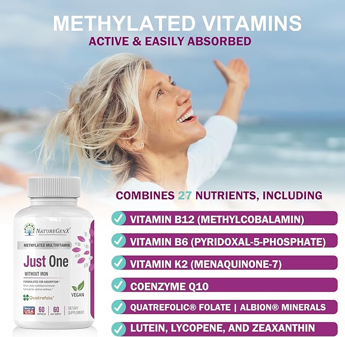 Just One Daily Methylated Multivitamin - 60 Caps Pure Methyl B12, Methylfolate MTHFR Support Supplement Iron Free Methylated Vitamins for Men & Women 2 Months Supply Gluten Free-SeraviaPure
