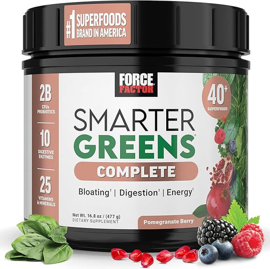 Force Factor Smarter Greens Superfoods Powder to Support Digestion, Gut Health, Bloating, Greens Powder with Probiotics, Prebiotics, Digestive Enzymes, & Adaptogens, Pomegranate Berry, 30 Servings-SeraviaPure