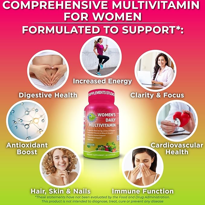Women's Daily Multivitamin with Iron - Vegan Multivitamin for Women with Biotin, Organic Superfoods, B-Complex, Probiotics, Enzymes - Energy, Immunity, Gut Health Support - Easy to Swallow Capsules-SeraviaPure