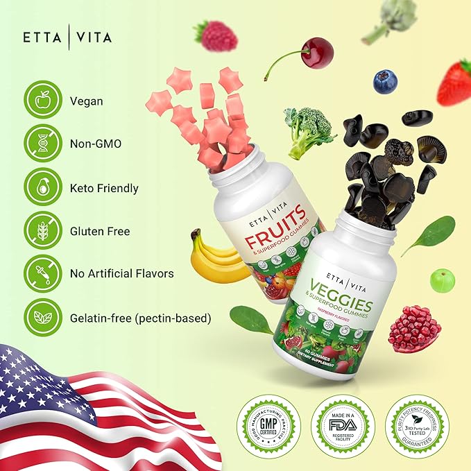 (120 Chews) Fruits and Veggies Supplement - Super Greens Gummies (9 Superfruits & 30 Veggies) Mushrooms, Fruit and Vegetable Vitamins, Non-GMO, Pectin-Based, Gluten-Free, No Capsules-SeraviaPure