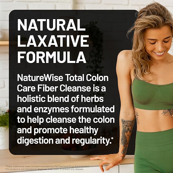 NatureWise Total Colon Care Fiber Cleanse - Natural Laxative Blend - Herbal Laxatives, Prebiotics, & Enzymes for Regularity, Digestion, Weight & Gut Health - Non-GMO - 60 Capsules[30-Day Supply]-SeraviaPure
