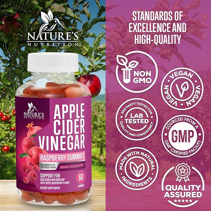 Vegan Apple Cider Vinegar Gummies 1000mg for Detox & Cleanse, ACV Gummy Vitamin B12 for Digestion Metabolism & Immune Health Support, Natural Apple Raspberry Flavor, Gluten Free - 60 Gummies-SeraviaPure