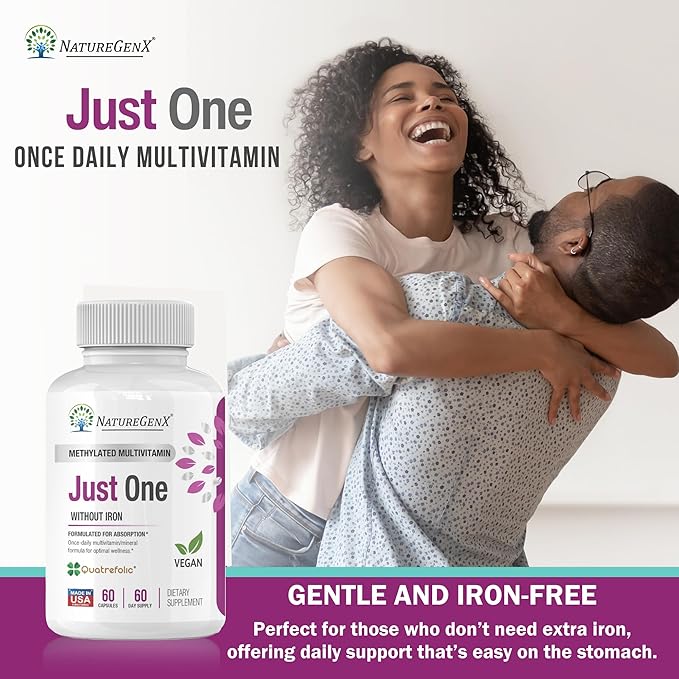 Just One Daily Methylated Multivitamin - 60 Caps Pure Methyl B12, Methylfolate MTHFR Support Supplement Iron Free Methylated Vitamins for Men & Women 2 Months Supply Gluten Free-SeraviaPure