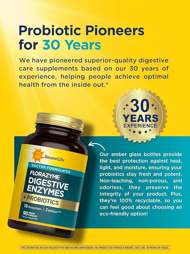 Renew Life Florazyme Digestive Enzymes with Probiotics | Doctor Formulated | Helps Occasional Gas, Bloating & Discomfort | Digestive & Immune Health | Dairy Free | 90 Vegan Capsules