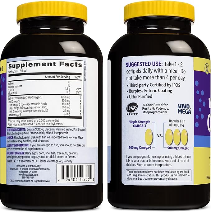 InnovixLabs Triple Strength Omega 3 Fish Oil Supplement, 900 mg, Pure EPA DHA Omega 3 Supplement Brain and Joints, Burpless Omega-3 for Women and Men with Enteric Coating, 200 Capsules-SeraviaPure