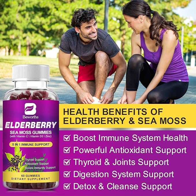 (2 Pack Elderberry Gummies & Irish Sea Moss, Organic Sambucus Elderberry Gummy with Seamoss, Zinc, Vitamin C, D3, Multivitamin Elderberry Vitamins - Sugar-Free-SeraviaPure