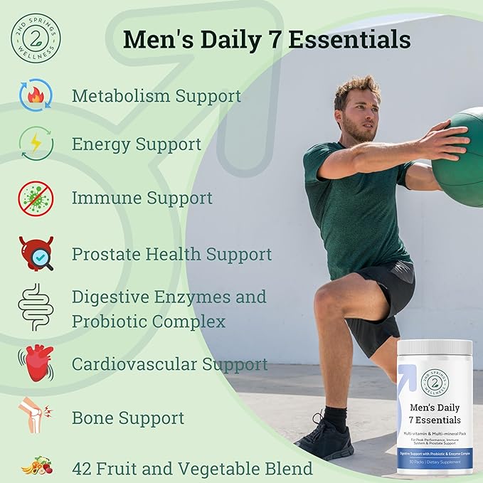 Daily 7 Essentials Men's Vitamin Pack - 7 Pack Adult Male Multivitamin & Multimineral Pack for Energy, Metabolism, Immune System Support, Prostate Support with Probiotic, Digestive Enzymes-SeraviaPure