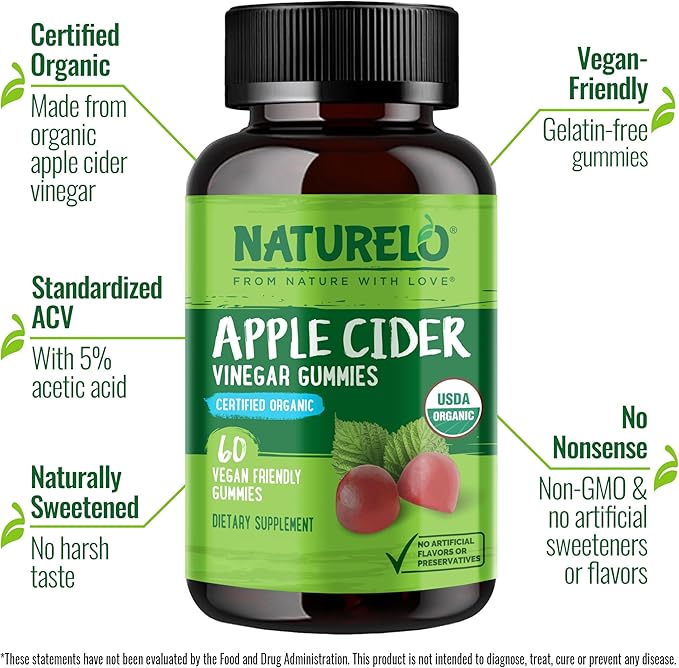 NATURELO Apple Cider Vinegar Gummies, Certified Organic, Vegan - 60 Gummies-SeraviaPure