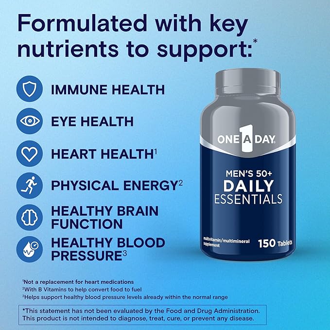 One A Day Men's Multivitamin 50+ Daily Essentials | Multivitamin for Men 50 Plus Supports Immune Health, Healthy Brain Function & Physical Energy | Vitamins for Men with Vitamin C & Zinc, 150 Count-SeraviaPure