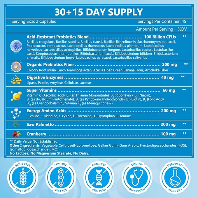 NATURE TARGET Probiotics for Men Digestive Health with Enzymes & Prebiotics, 100 Billion CFUs, Men's Probiotics with Saw Palmetto & Cranberry for Prostate & Urinary Tract Health, 90 Veggie Capsules-SeraviaPure