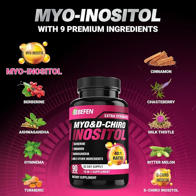 Inositol Supplement - Myo-Inositol and D-Chiro Inositol Ideal 40:1 Ratio - Plus Berberine, Cinnamon, Ashwagandha + 5 More - 90 Capsules