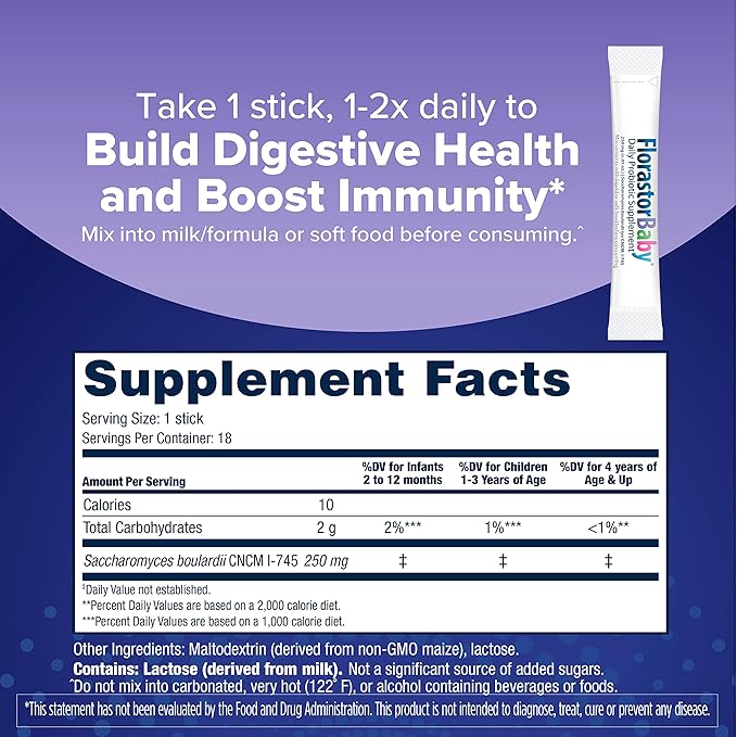 Florastor Baby Daily Probiotic Supplement, Powder Mixes with Milk, Formula or Soft Foods, Saccharomyces Boulardii CNCM I-745 (18 Powder Sticks)-SeraviaPure