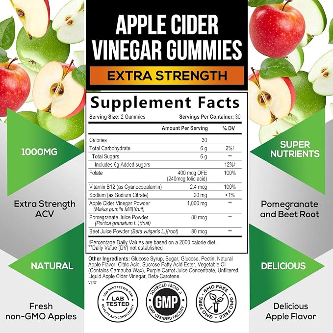 Vegan Apple Cider Vinegar Gummies | Max Strength 1000mg | ACV Supplement Gummy Vitamins for Adults, Supports Digestion, Metabolism, Natural Apple Flavor with Mother, Gluten Free, Non-GMO - 60 Gummies-SeraviaPure