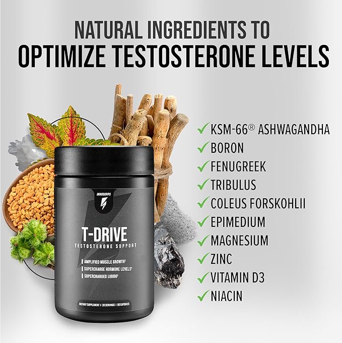 InnoSupps : T-Drive | Testosterone Booster | Amplify Muscle Growth | KSM-66 Ashwagandha, Boron, Fenugreek | 90 Capsules-SeraviaPure