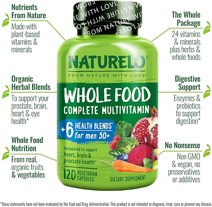 NATURELO Whole Food Multivitamin for Men 50+ - with Vitamins, Minerals, Organic Herbal Extracts - Vegan Vegetarian - for Energy, Brain, Heart and Eye Health - 120 Capsules-SeraviaPure