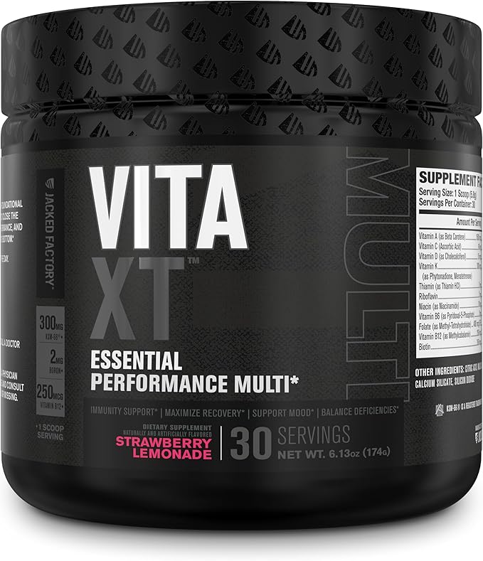 Jacked Factory Vita XT Performance Vitamin Powder - Daily Multivitamin Powder for Men with KSM-66 Ashwagandha, Prebiotic Fiber, Vitamin A, C, D, K, B6, B12, & More - Strawberry Lemonade, 30Sv-SeraviaPure