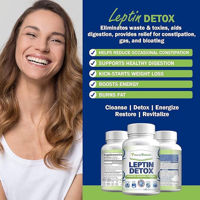 Power By Naturals Leptin Detox Cleanse for Reduce Weight - Natural Gut & Colon Cleanser, 1532mg, Acai Berry Cleanse for Men & Women, 60 Capsules, USA-Made-SeraviaPure