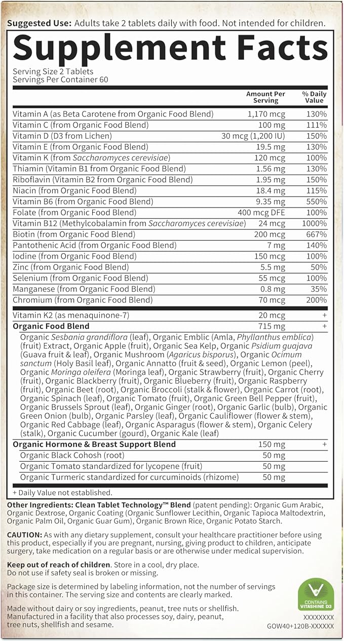 Garden of Life Organics Vitamins for Women 40 Plus - 120 Tablets, Womens Multi 40 Plus, Vegan Vitamins for Women Over 40, Hormone & Breast Health Support Blend, Whole Food Womens Multivitamin-SeraviaPure
