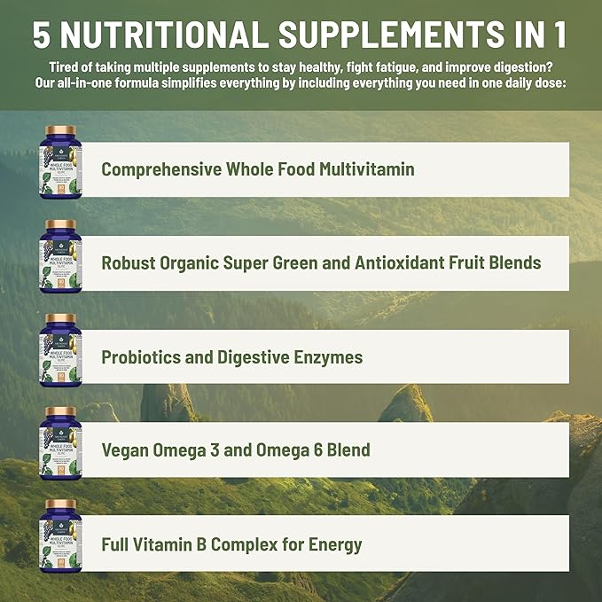 Whole Food Multivitamin for Women Daily Multi Vitamins Supplements for Men Mens Multivitamins + B Complex, Probiotic Multi Enzyme, Omegas for Organic Energy Mood Digestion 90ct-4pk-SeraviaPure
