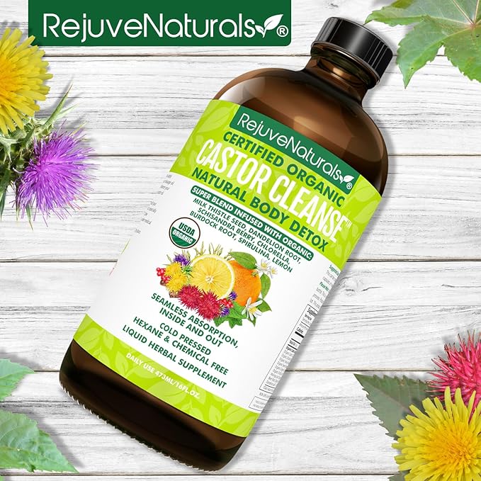 RejuveNaturals Castor Cleanse™ - USDA Organic Castor Oil, Chlorella, Spirulina, Roots & Greens for Wellness, Digestive Support, Daily Balance. 3-Month Supply Gut Cleanse Detox for Women & Men - 16oz.-SeraviaPure