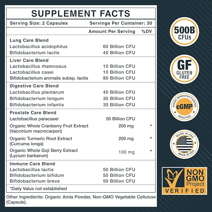 Probiotics for Men, 500 Billion CFUs & 12 Strains, Probiotics for Digestive Health, Men's Probiotic with Turmeric, Cranberry, Goji, for Overall Digestive, Immune Health, Gut & Bloating, 60-Days Supply-SeraviaPure