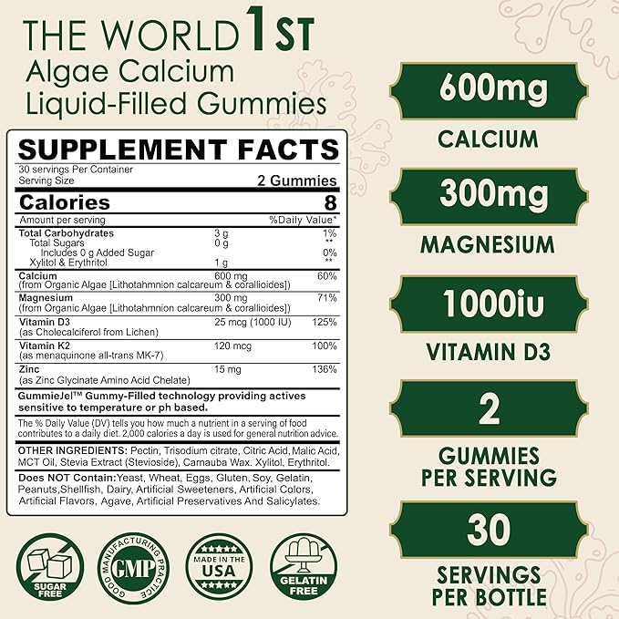 (2 Pack) Plant Based Calcium Supplement 600mg with Vitamin D3 K2, Zinc for Bone Strength, Sustainably Sourced Algae Calcium Magnesium 2:1 Ratio, Sugar Free Calcium Gummies 70+ Trace Minerals, Vegan-SeraviaPure