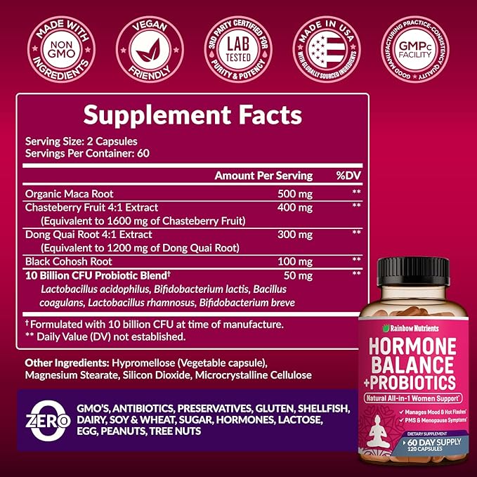 (2 Pack) Hormone Balance + Probiotics for Women (3450mg) Natural Relief for Menopause, Hot Flashes, PMS, Bloating | 4:1 Chasteberry, Dong Quai, Black Cohosh | Non GMO|240 V Capsules-SeraviaPure