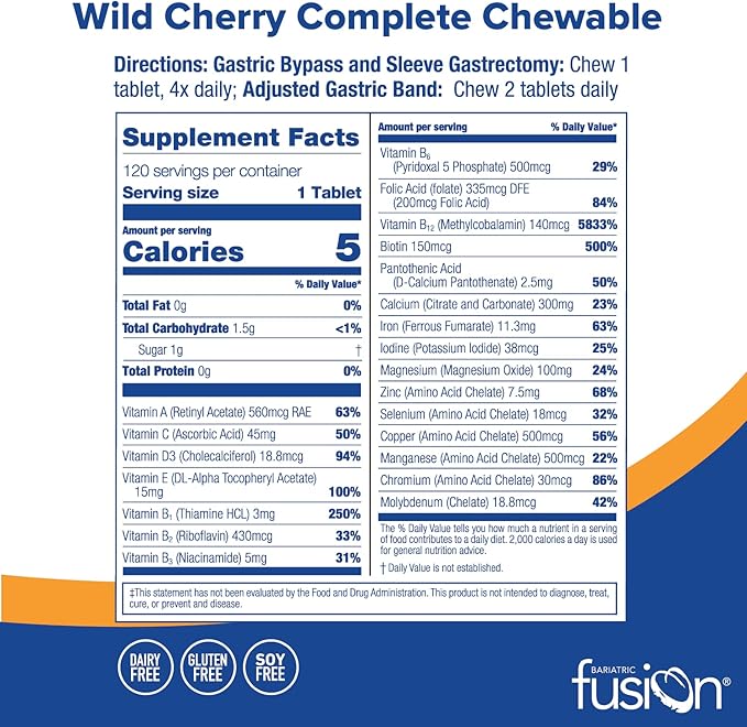 Bariatric Fusion Wild Cherry Complete Chewable Bariatric Multivitamin with Iron for Bariatric Surgery Patients Including Gastric Bypass and Sleeve Gastrectomy - 120 Tablets-SeraviaPure