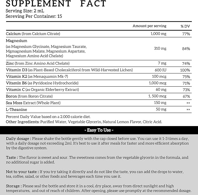 (2 Pack) 10 in 1 Magnesium Calcium Zinc Supplement with Vitamin C D3 K2, Glycinate Mag Vegan Liquid Drops Plus L-Theanine Boron Sea Moss Extract, Immune Support, Bone, Sleep & Leg Cramps, 1 Fl Oz-SeraviaPure