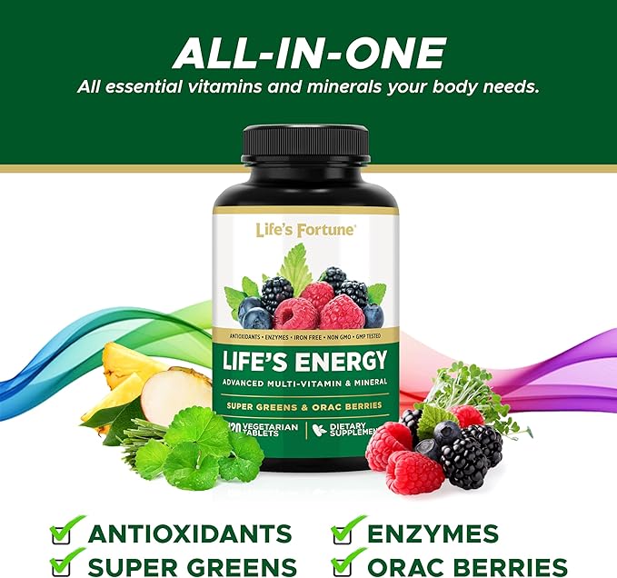 Life's Energy Advanced Daily Multivitamin for Men & Women, Energy & Immune Support Supplement with Super Greens - Antioxidants & Enzymes - Iron Free, Vegetarian, 120 Tablets by Life's Fortune-SeraviaPure