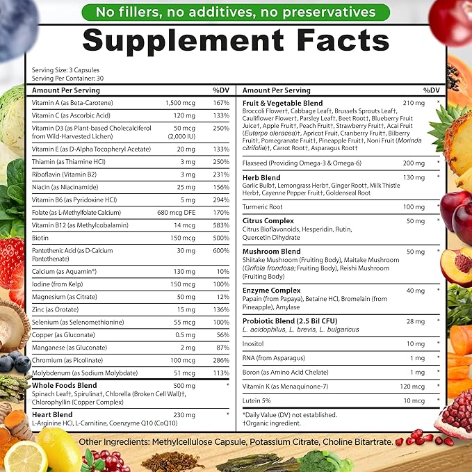 Vegan Whole Food Multivitamin Without Iron, Daily Multivitamin for Women and Men, Made with Fruits & Vegetables, B-Complex, Probiotics, Enzymes, CoQ10, Omegas, Turmeric, Non-GMO, 90 Count-SeraviaPure