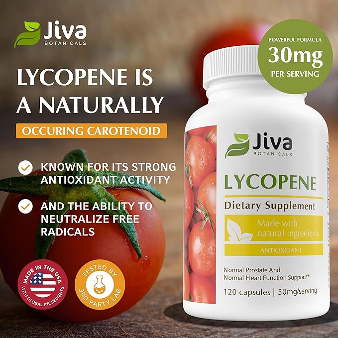 Jiva Botanicals Lycopene Supplement 30mg - Antioxidant Support for Normal Prostate and Heart Health Support - Lycopene from Tomato Extract - Made in The USA - Non GMO, Vegan - 120 Capsules-SeraviaPure
