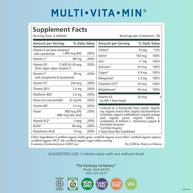 PURE SYNERGY Multi·Vita·Min | Vegan Multivitamin Made with Organic Whole Foods | Twice Daily Supplement for Men and Women | Core Nutrients for Energy, Mood, Immune, and Bone Health (60 Tablets)-SeraviaPure